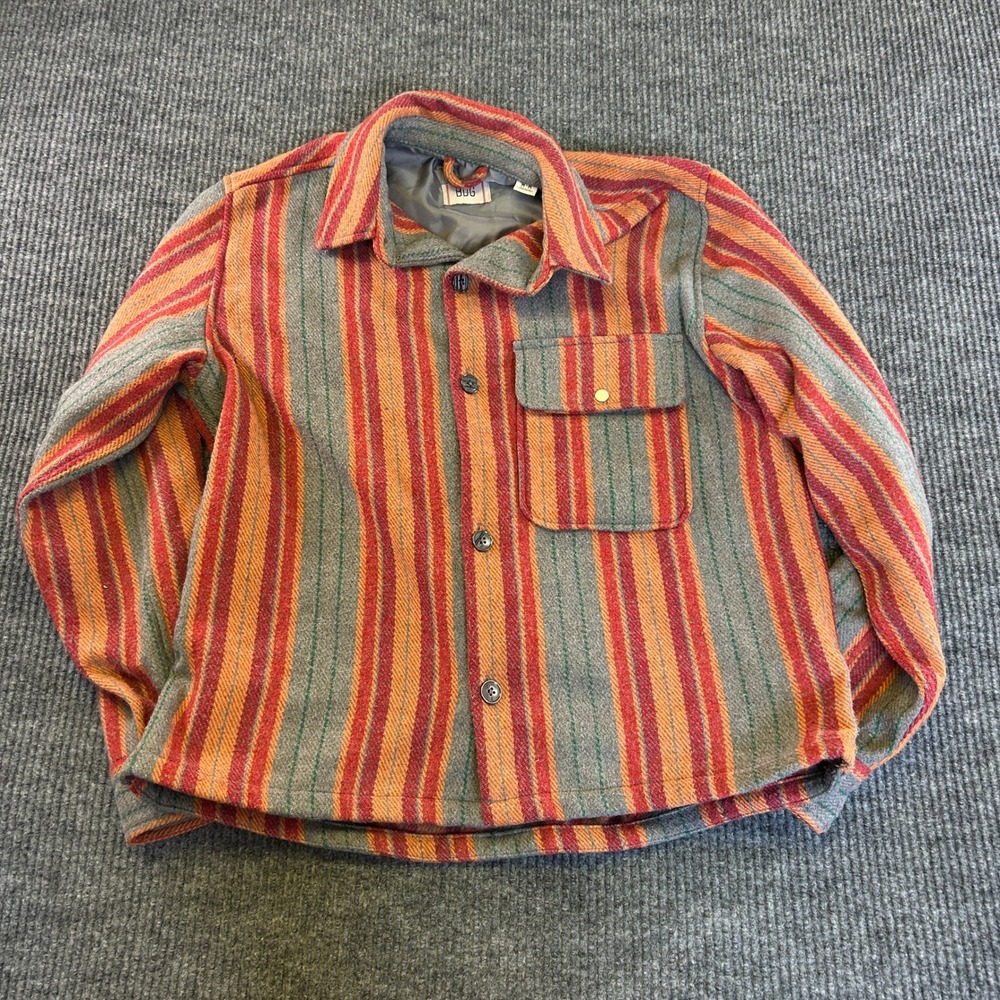 BDG Urban Outfitters Striped Flannel Shirt Jacket Orange Red Grey Mens Medium